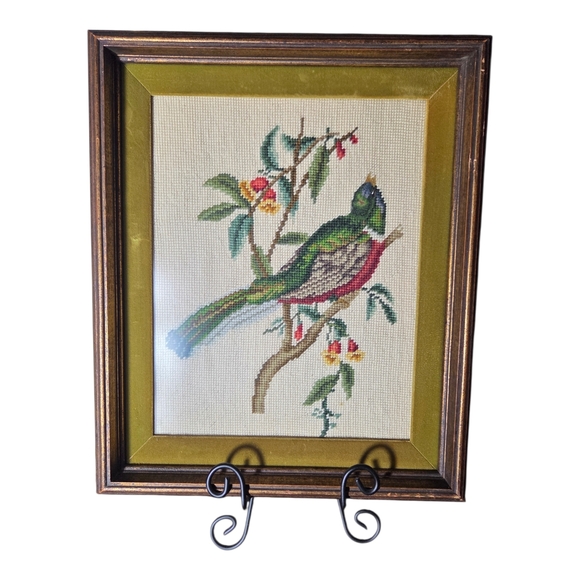 Handmade Framed needlepoint bird Other - Framed Bird Embroidery Art in Brown and Green